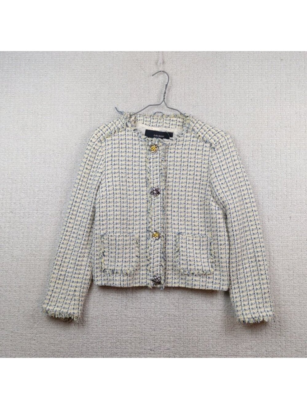 Y2K Zara Tweed Cropped Jacket Floral Jewel Buttons Mcbling Glam Academia Sz S